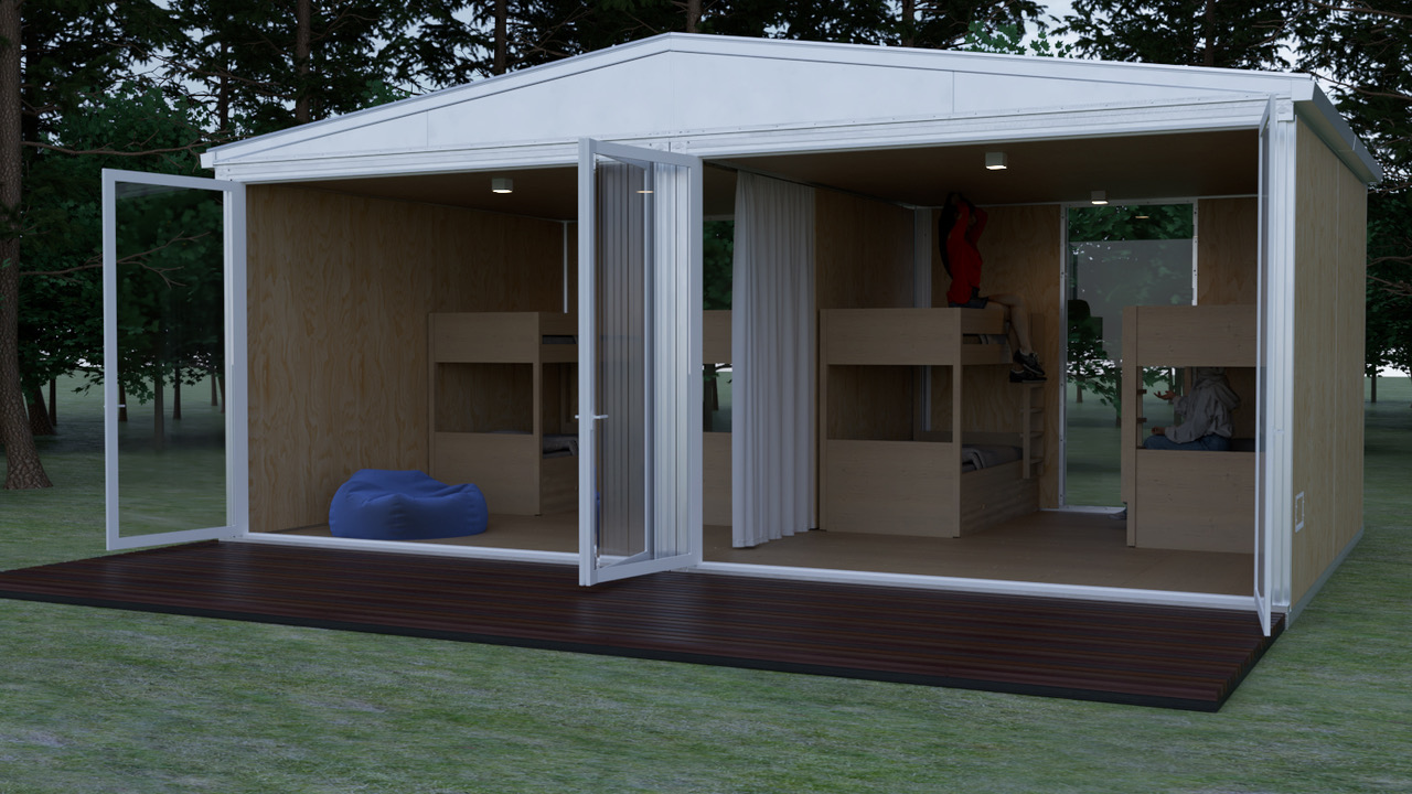 Two modules joined — gable roof, bunk bed configuration