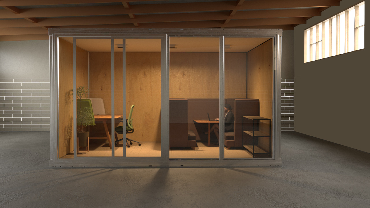 Anyplace module as office pod inside warehouse
